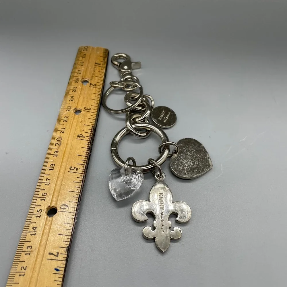 Kathy Van Zeeland Fleur De Lis Rhinestone Heart Bag Charm Keychain Silver Green